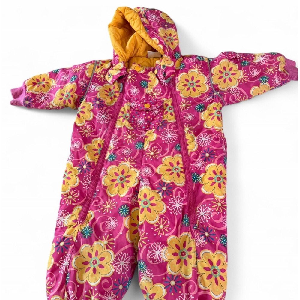 Hanna Andersson Floral Snowsuit Toddler Size 80 Pink Hooded Winter Suit 18-24 - Picture 1 of 4